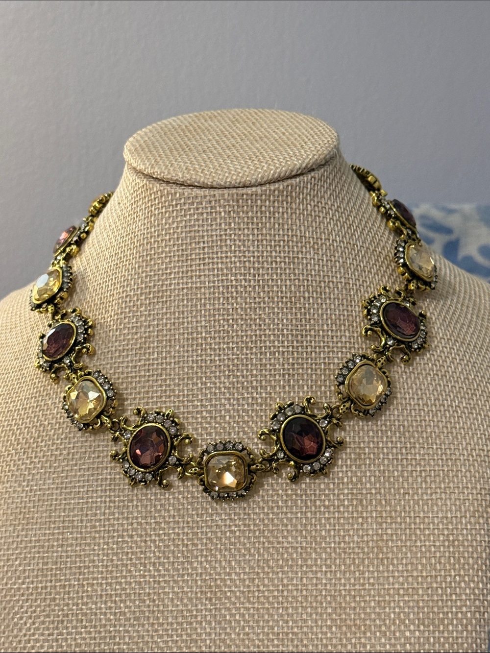 Gold-Tone Necklace with Deep Red and Champagne Stones